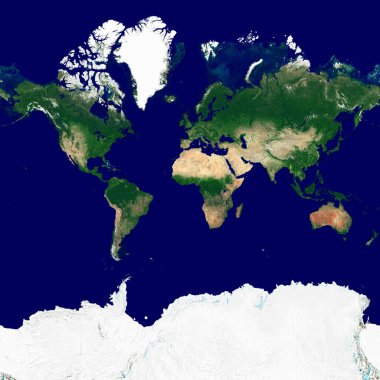 Web Mercator projeksiyonundaki dünya dokusu. Dünya 'nın uydu görüntüsü. Gezegenin yüksek çözünürlüklü dokusu, rahatlama gölgesi ve atmosferi olmadan..
