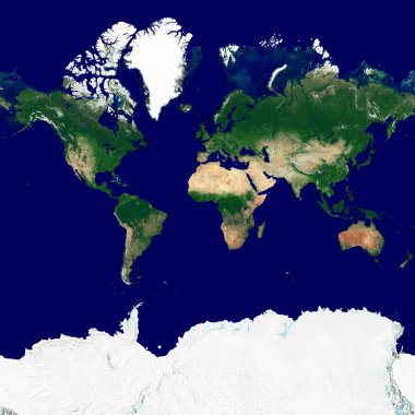 Web Mercator projeksiyonundaki dünya dokusu. Dünya 'nın uydu görüntüsü. Gezegenin yüksek çözünürlüklü dokusu ve kabartma gölgesi (arazi topografisi) ve atmosferi yok.