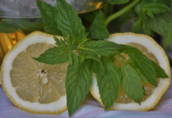 Fresh Lemon Halves Mint Sprigs — Stock Photo, Image