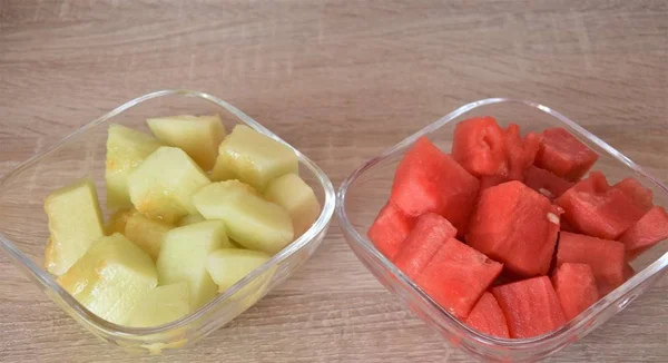 Cubos Melón Sandía Tazas Vidrio —  Fotos de Stock