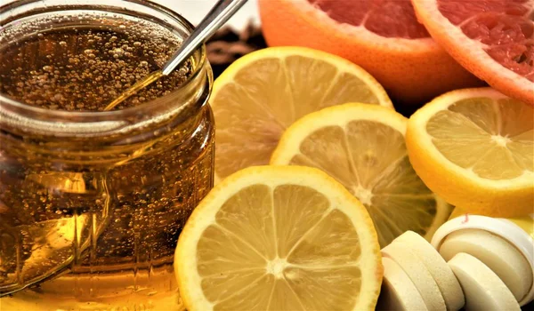 Lemons Grapefruits Jar Honey Vitamin Tablets — Stock Photo, Image