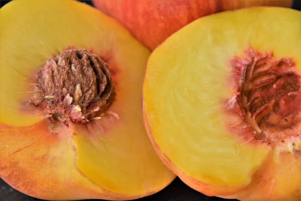 two, half ripe peach on a black background