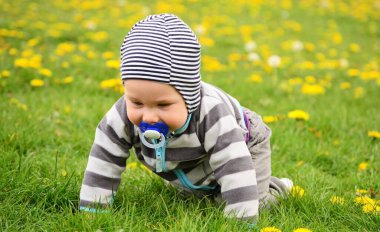 Küçük çocuk yeşil çimlerde sürünüyor.