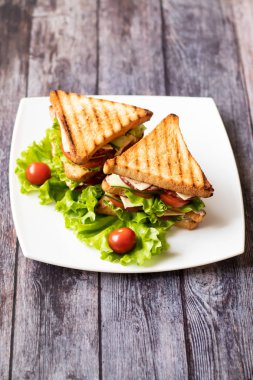 Ahşap bir arka plan üzerinde peynir, domates, salatalık, sosis ve marul ile Sandviç. Dikey yönlendirme