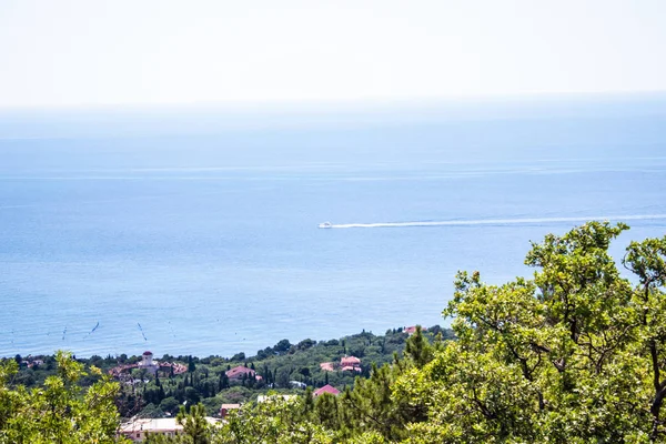 Вид на Черное море с горы. Легкий солнечный летний день, Крымский моторный катер пробивает волны и оставляет след. — стоковое фото