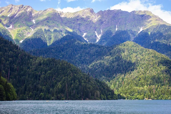 Beau lac de montagne Ritsa. Lac Ritsa dans les montagnes du Caucase, dans la partie nord-ouest de l'Abkhazie, en Géorgie, entouré de forêts mixtes de montagne et de prairies subalpines . — Photo