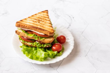 Hafif bir arka plan peynir, domates, salatalık, sosis ve salata ile Sandviç. . Yatay yönlendirme