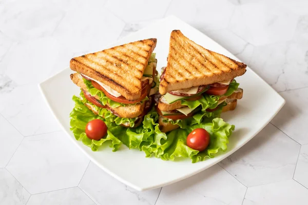 Sandwich with cheese, tomato, cucumber, sausage and salad on a light background. . Horizontal orientation — Stock Photo, Image