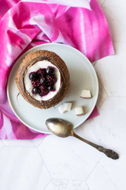 Hafif bir arka plan üzerinde hindistan cevizi bir fincan yoğurt ile Berry tatlı. Böğürtlen, ahududu, yaban mersini, siyah kuş üzümü. Pembe peçete