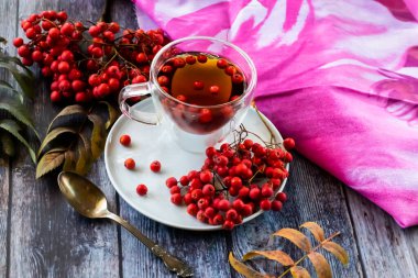 Sıcak şifalı çay, dağ kül çayı. Kandaki zararlı kolesterol seviyesini düşürür, kan damarlarını güçlendirir. Ahşap arka planda, pembe peçeteli iyileştirici içecek.