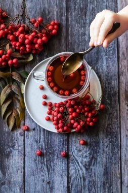 Sıcak şifalı çay, dağ kül çayı. Vitamin eksikliği bağışıklığı arttırır. Kandaki kötü kolesterol seviyesini düşürür. Bir fincanda içki içmek.