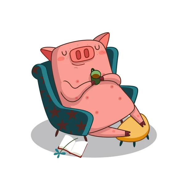 Piggy Relaxante Com Livro Poltrona — Vetor de Stock