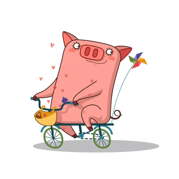 Bonito Porco Desenho Animado Passeio Bicicleta — Vetor de Stock