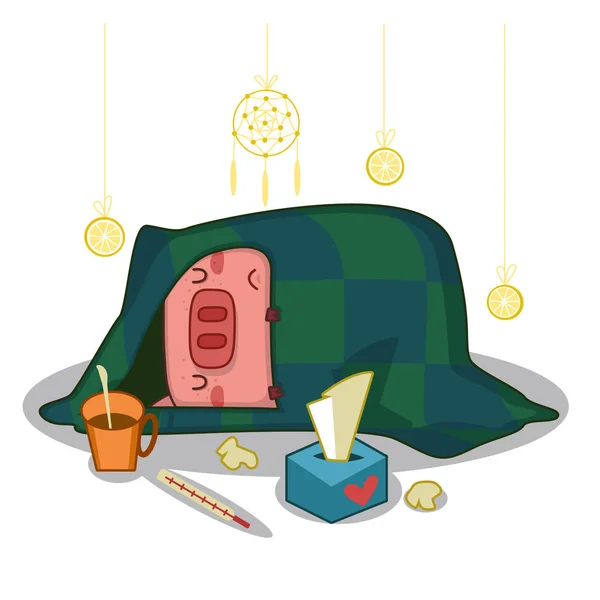 Mignon Porc Malade Avec Fièvre Lit Maison — Image vectorielle