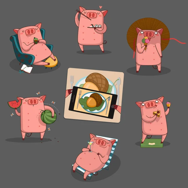 Big Set Happy Pig — Stock Vector