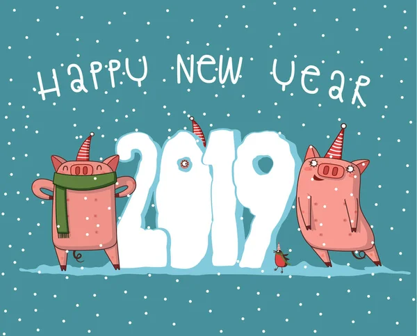 Vektör çizim, mutlu yeni yıl 2019 komik kart tasarımı