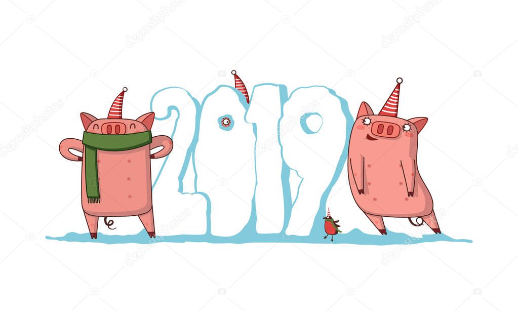 Vector illustration, Happy New Year 2019 funny card design