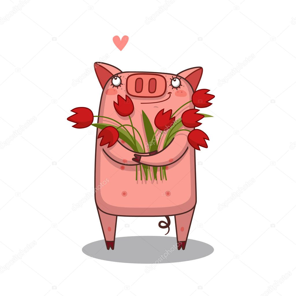 Little Pig with a bunch of flowers