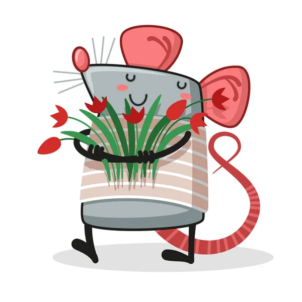 Härlig Råtta Som Håller Bukett Blommor — Stock vektor