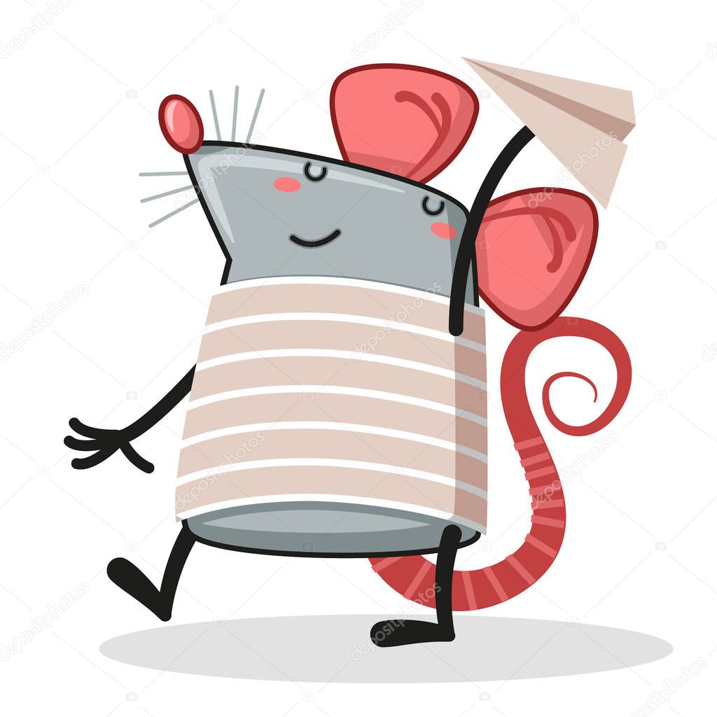 Vector illustration of happy rat playing with paper airplane - Vector