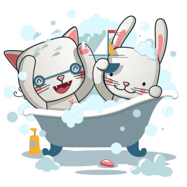Şirin kedi ve tavşan Bath - vektör