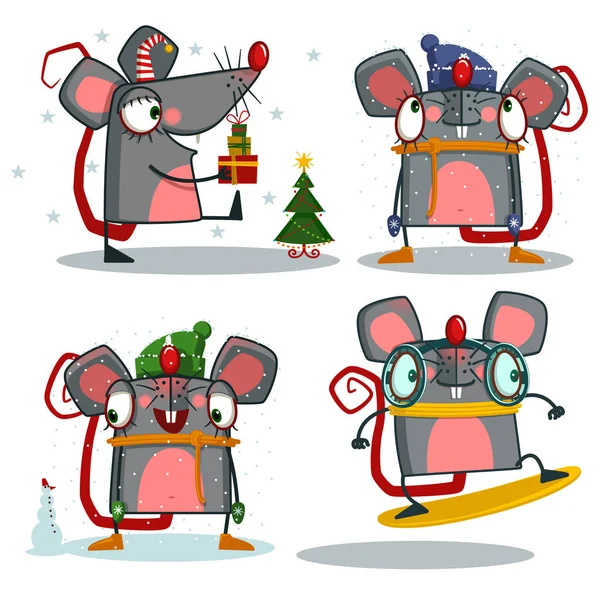 Cute Cartoon Rat Vector Set Winter — Stock Vector