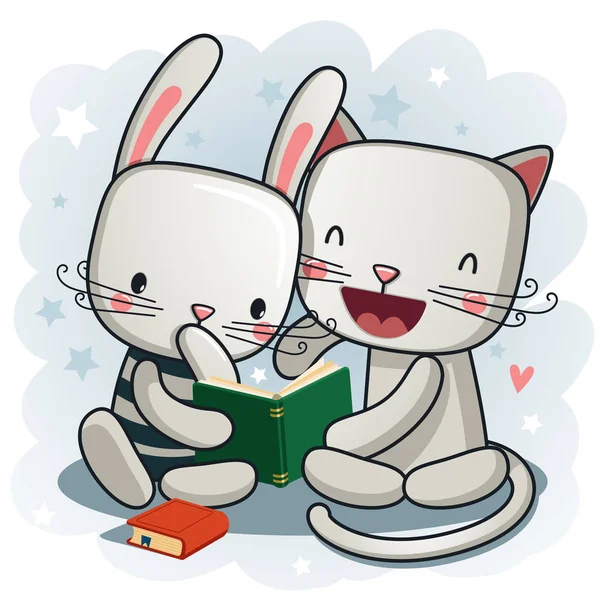 Chaton Lapin Lisent Livre — Image vectorielle