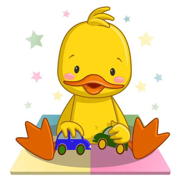 Little Duck Playing Toy Car — Stockvector