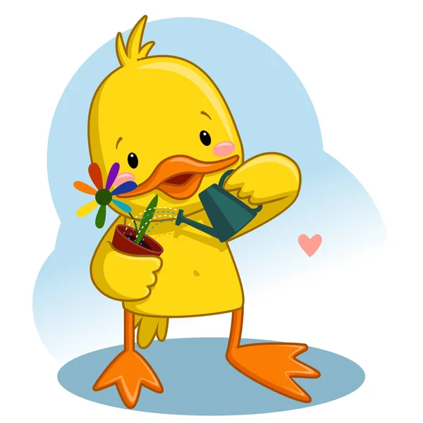 Duck Holding Watering Can Watering Plant Pot — Wektor stockowy