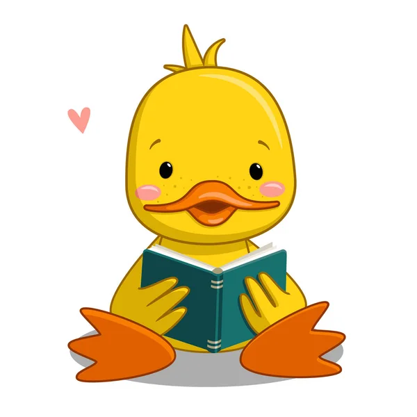 Bonito Pato Cartoon Sentado Lendo Livro Colorido Personagem Vetor Ilustração — Vetor de Stock