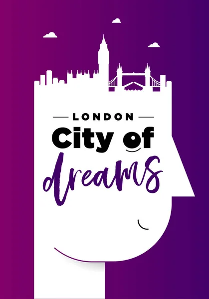 London City Rüyalar Erkek Baş Siluet Ile Yazı Ile Poster — Stok Vektör