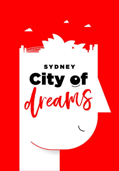 Affisch Med Bokstäver Sydney City Drömmar Med Manliga Huvud Silhuett — Stock vektor