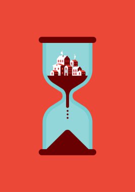 Zamansız şehir kum kırmızı zemin üzerine saat