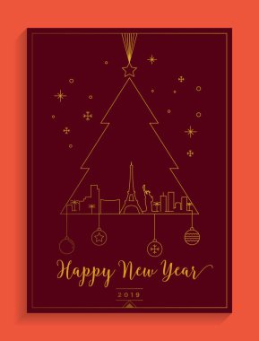 Mutlu yeni yıl renkli kart köknar ağacı ve binalar ile 