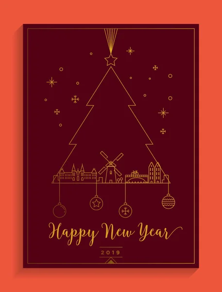 Happy New Year Colorful Card Fir Tree Buildings — Stock Vector