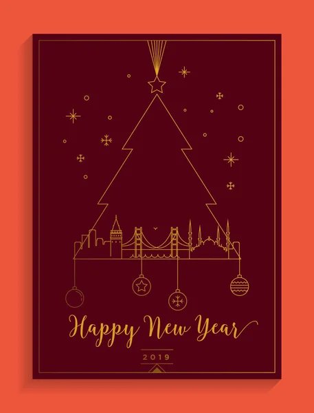 Happy New Year Colorful Card Fir Tree Buildings — Stock Vector