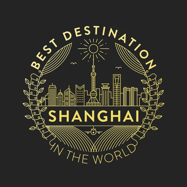 Distintivo Lineare Con Disegno Tipografico Emblema Della Città Shanghai — Vettoriale Stock