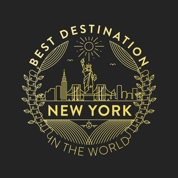 Tipografik Tasarımlı Doğrusal Rozet New York Şehir Amblemi — Stok Vektör