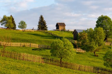 Yeşil bir çayırda ahırlar ve güzel gün doğumuyla aydınlatılan ağaçlar.