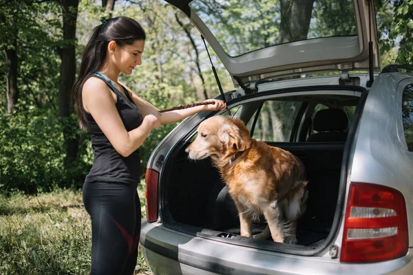 Köpek bagajda otururken kız onun liderliğini tutuyor.