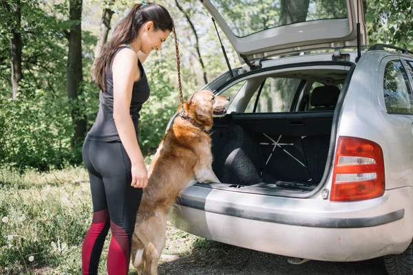 Genç bir kadın ve köpek arabanın yanında duruyor.