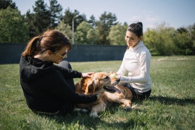 Genç kadınlar çimlerin üzerinde dinleniyor ve bir köpek