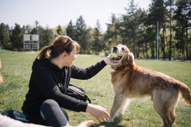 Kız ve köpek güneşli bir günde top oynuyorlar.
