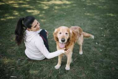 Kadınlar onu okşarken, köpek çayırda duruyor.