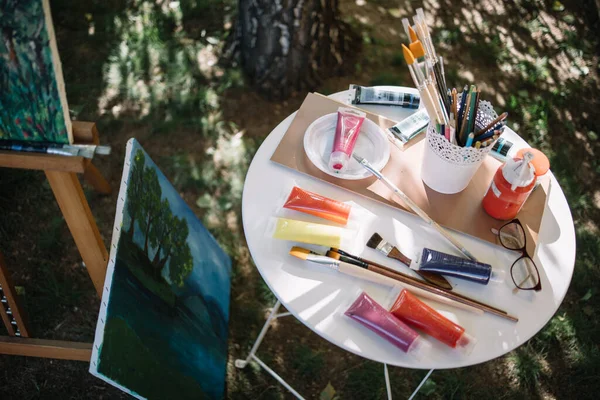 Hög vinkel syn på målning och färg tillbehör i trädgården — Stockfoto