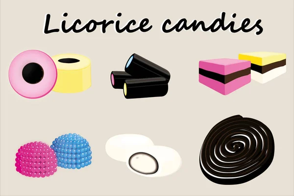 licorice candies, confetti, jelly beans and gummy candies illustrated on colorful backgroun