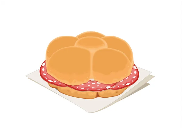 Knapperig Broodje Gevuld Met Plakjes Salami Geïllustreerd Een Witte Achtergrond — Stockvector