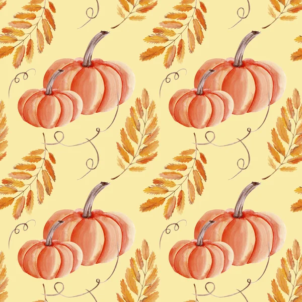 Watercolor seamless pattern pumpkin and autumn leaves — Stock Photo, Image