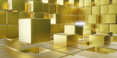 İzometrik görünümde küp ile altın oda 3d illüstrasyon