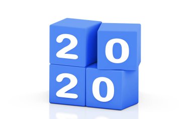 Yeni yıl değişimi. Yeni yıl 2020 beyaz arka plan üzerinde izole kırmızı küpler üzerinde rakamlar